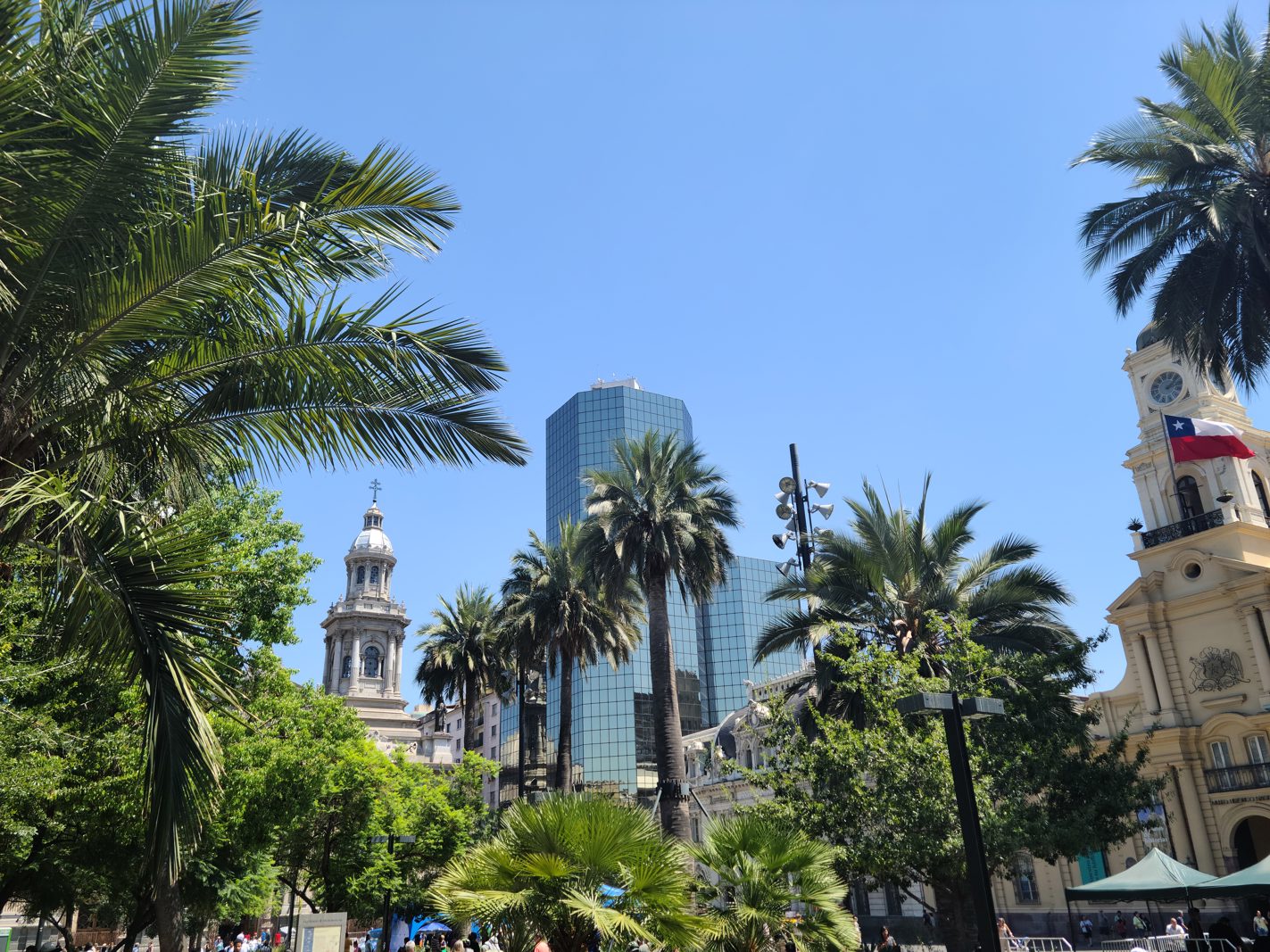 Palm trees and historic buildings surrounding Plaza de Armas in downtown Santiago, Chile.