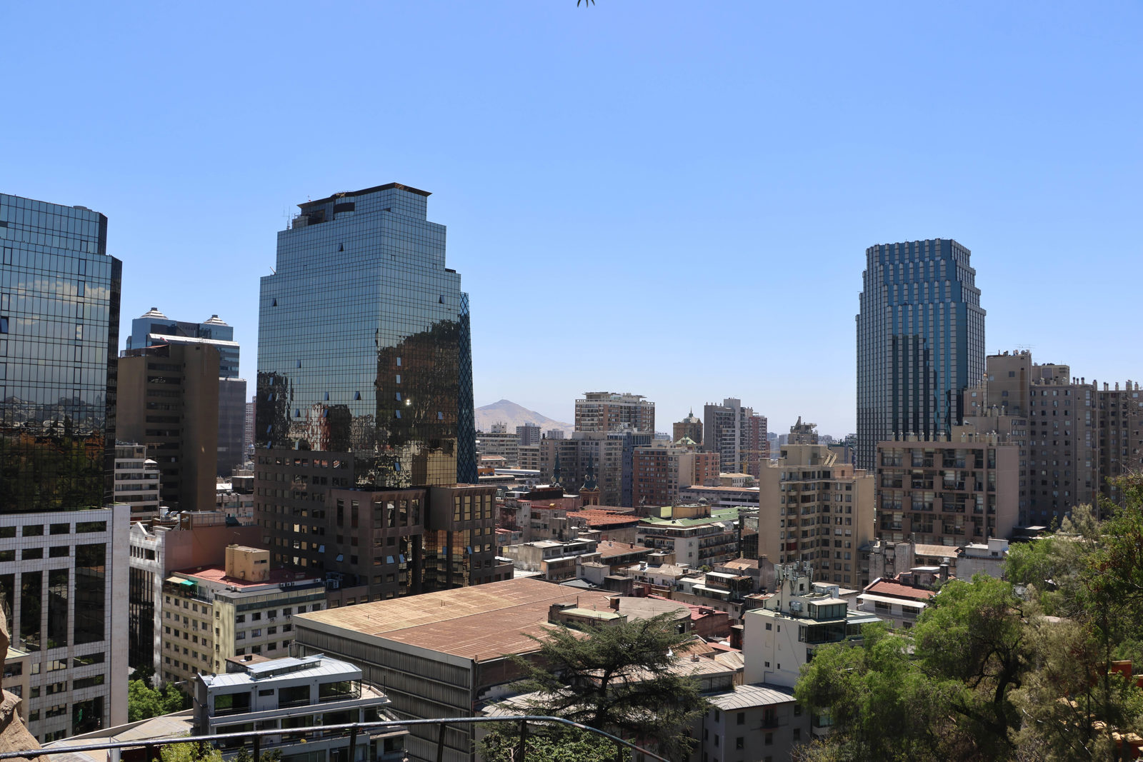 Historic fort and rocky outcrop on Cerro Santa Lucía in Santiago, Chile, beneath a clear blue sky.