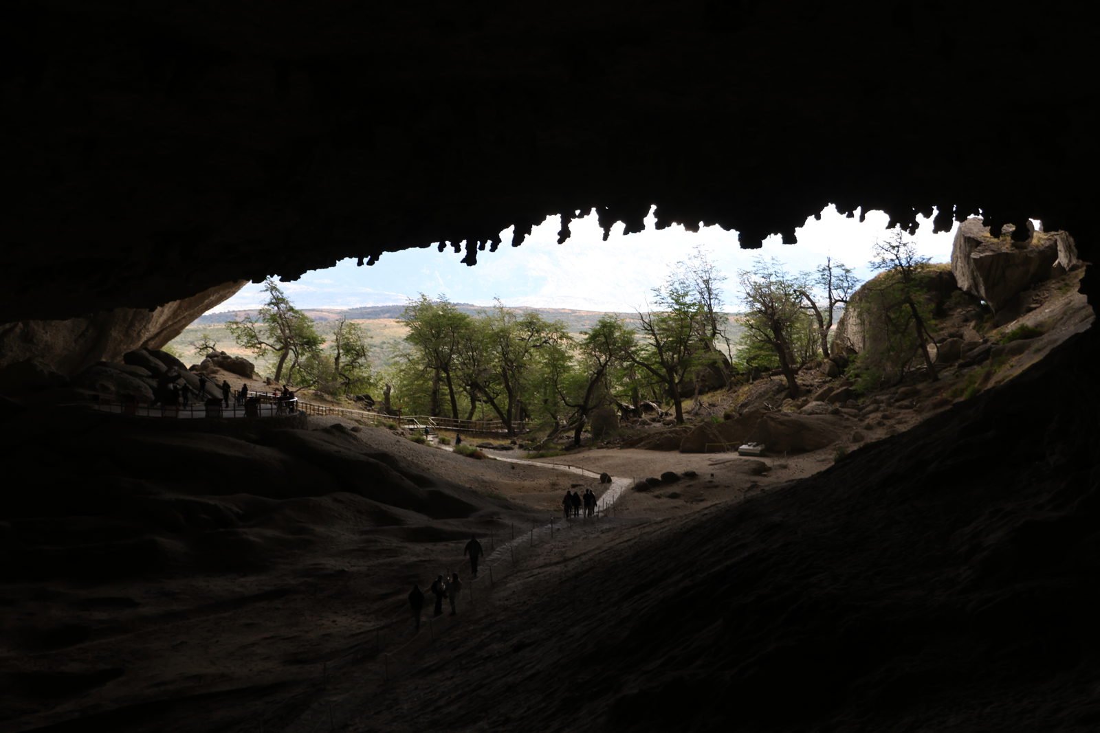View from inside Cueva del Milodón cave towards the Patagonian landscape near Puerto Natales, Chile