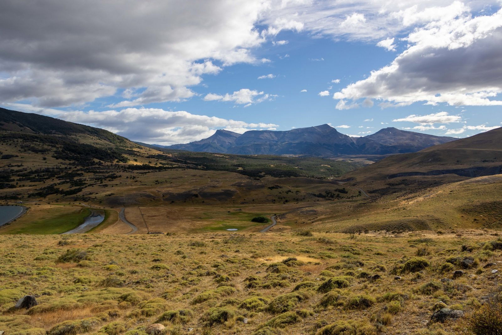 A roadside view towards Laguna Azul and the vast Patagonian landscape on the eastern side of Torres del Paine.