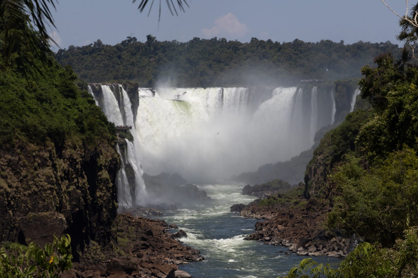Wide view into Devil's Throat gorge at Iguazú Falls in Argentina.