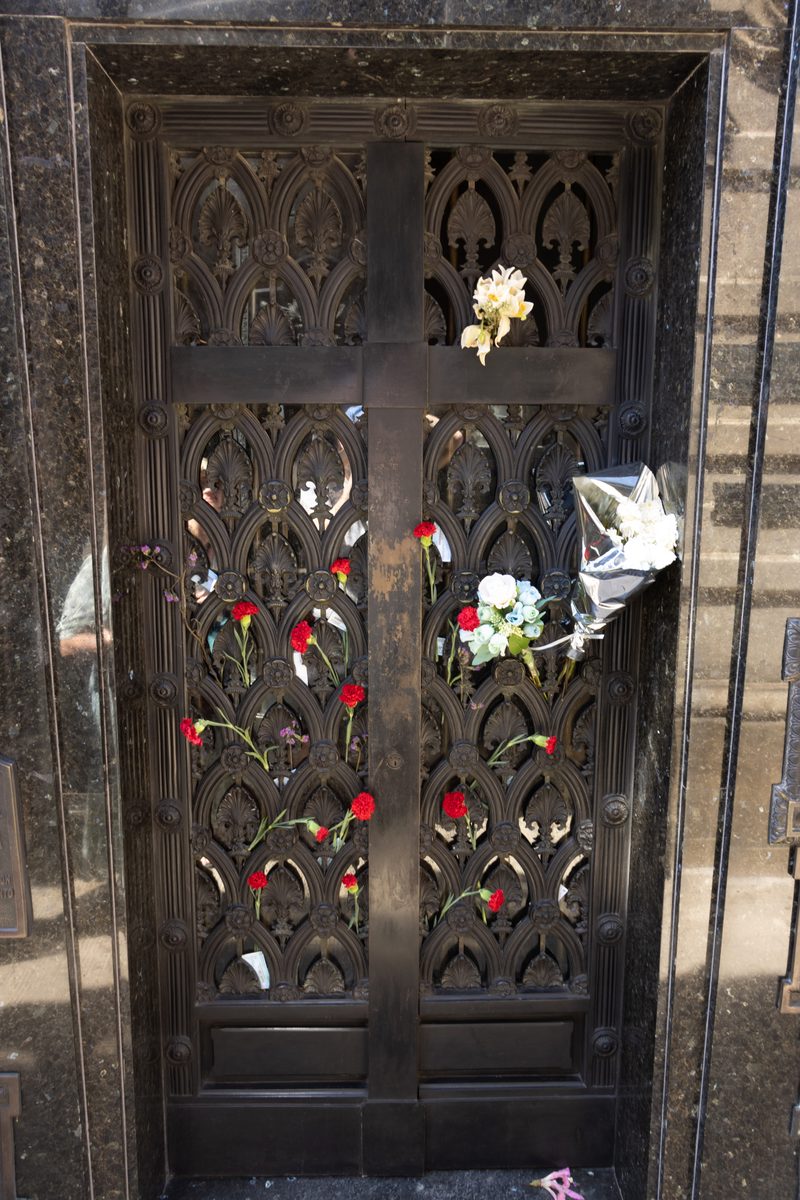 The Gothic-style bronze entrance door of the Duarte family mausoleum, where Eva Perón (Evita) is buried, in Recoleta Cemetery, Buenos Aires.