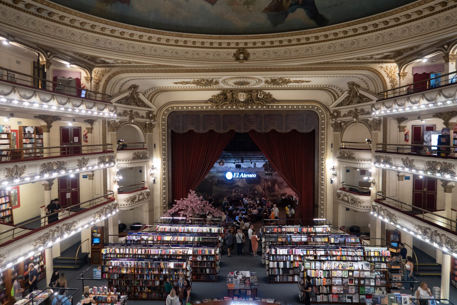 Interior of El Ateneo Grand Splendid bookshop inside the restored theatre in Buenos Aires, Argentina.