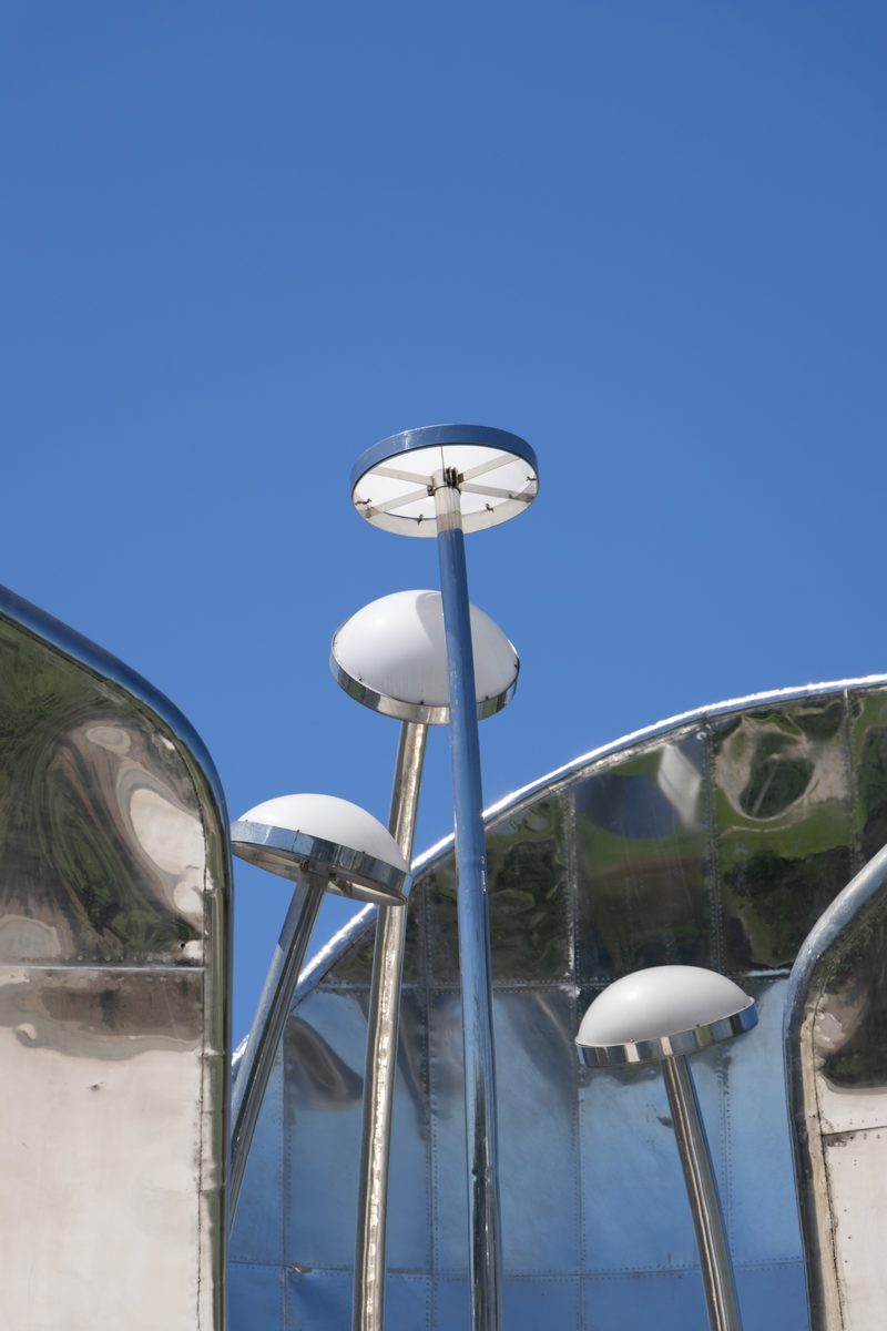 Close-up of the reflective petals and opening mechanism of Floralis Genérica in Buenos Aires, Argentina.