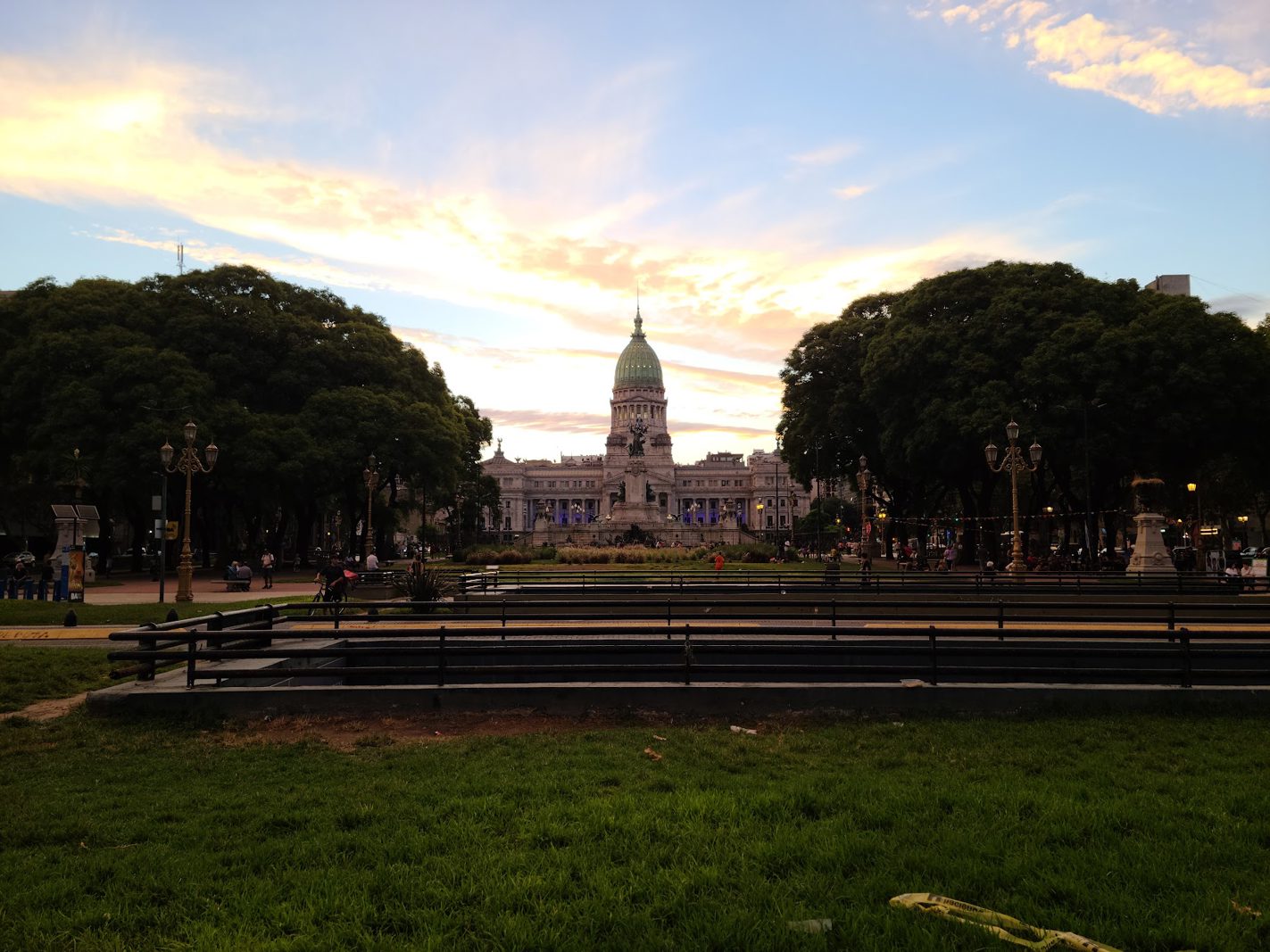 Plaza del Congreso at sunset with the Argentine National Congress building in the distance.
