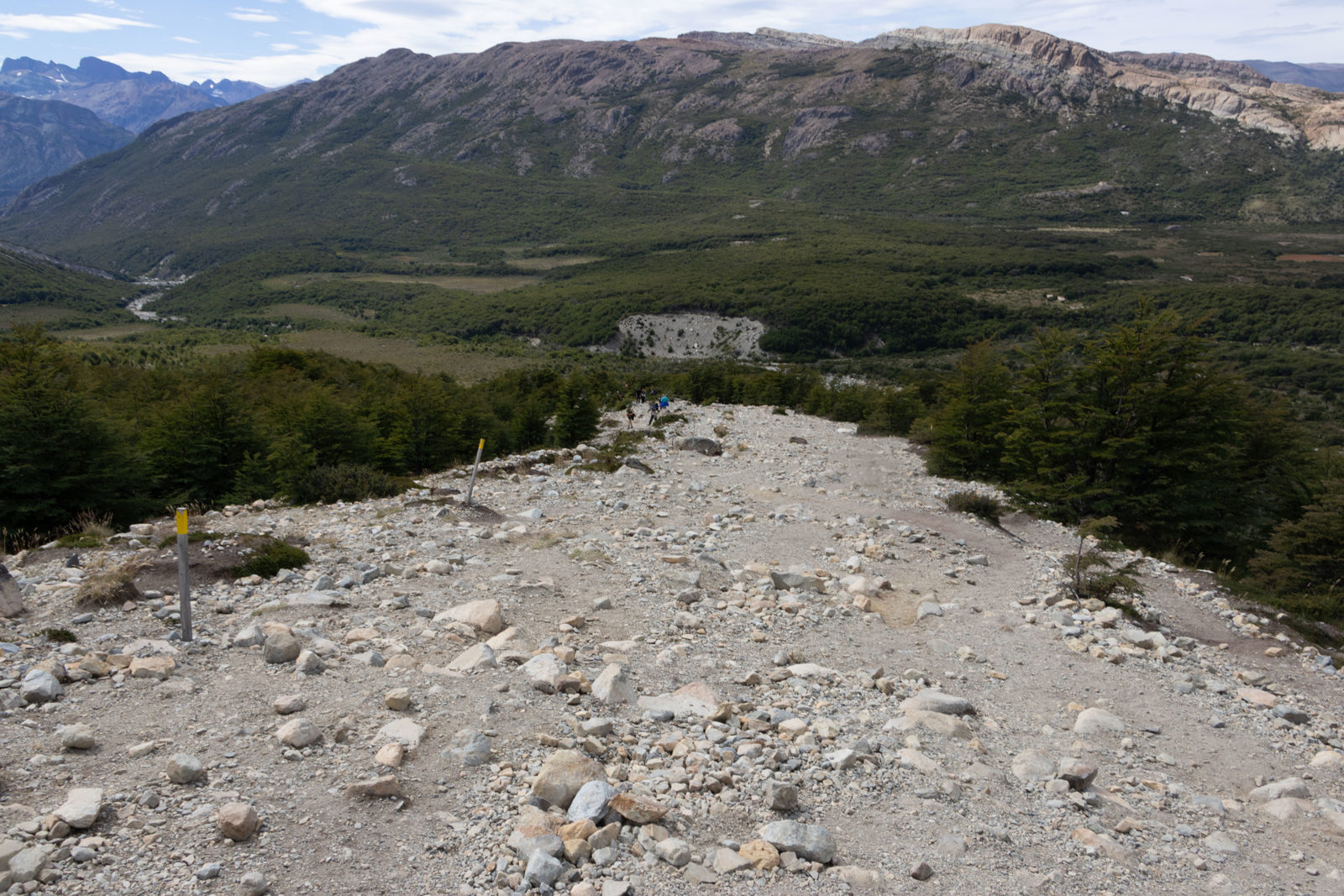 View back down the loose scree slope on the final climb to Laguna de los Tres, with the Río Blanco valley and forest below.
