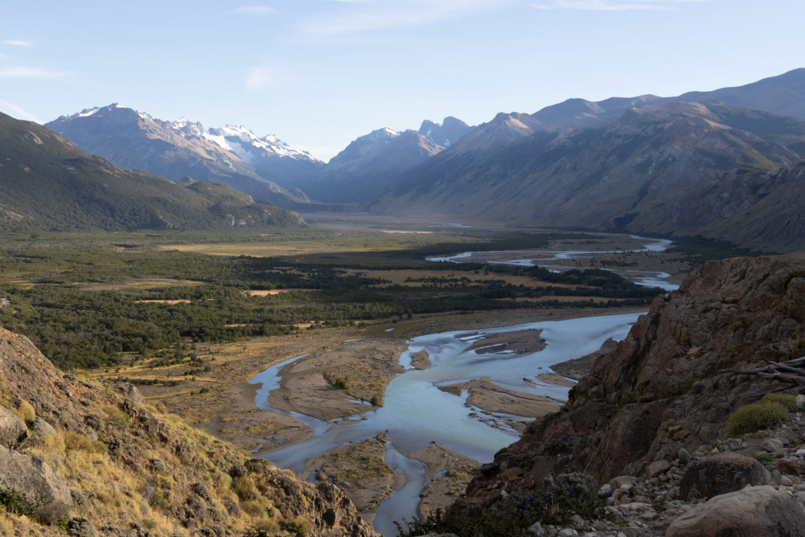 View from Mirador Río de las Vueltas over the winding river valley and mountains near El Chaltén on the Fitz Roy trail.