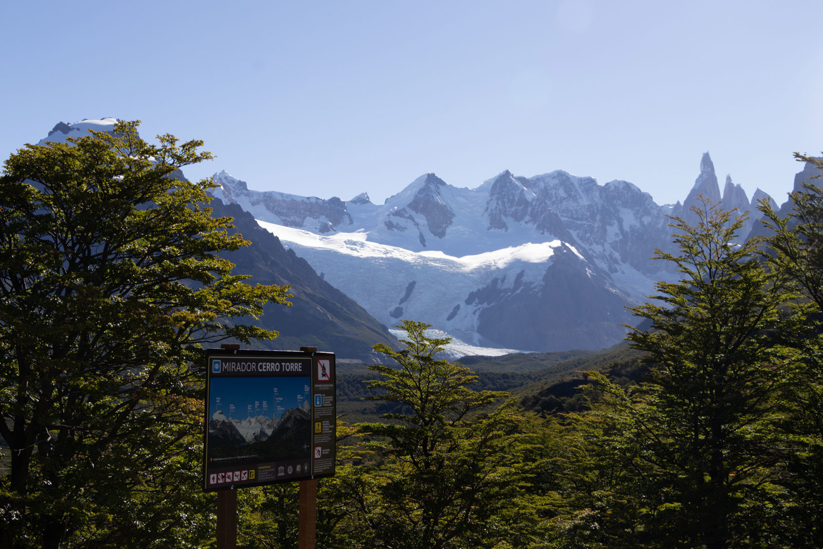 Information board at the Mirador Cerro Torre viewpoint overlooking glaciers and the Cerro Torre Massif near El Chaltén, Patagonia, Argentina.