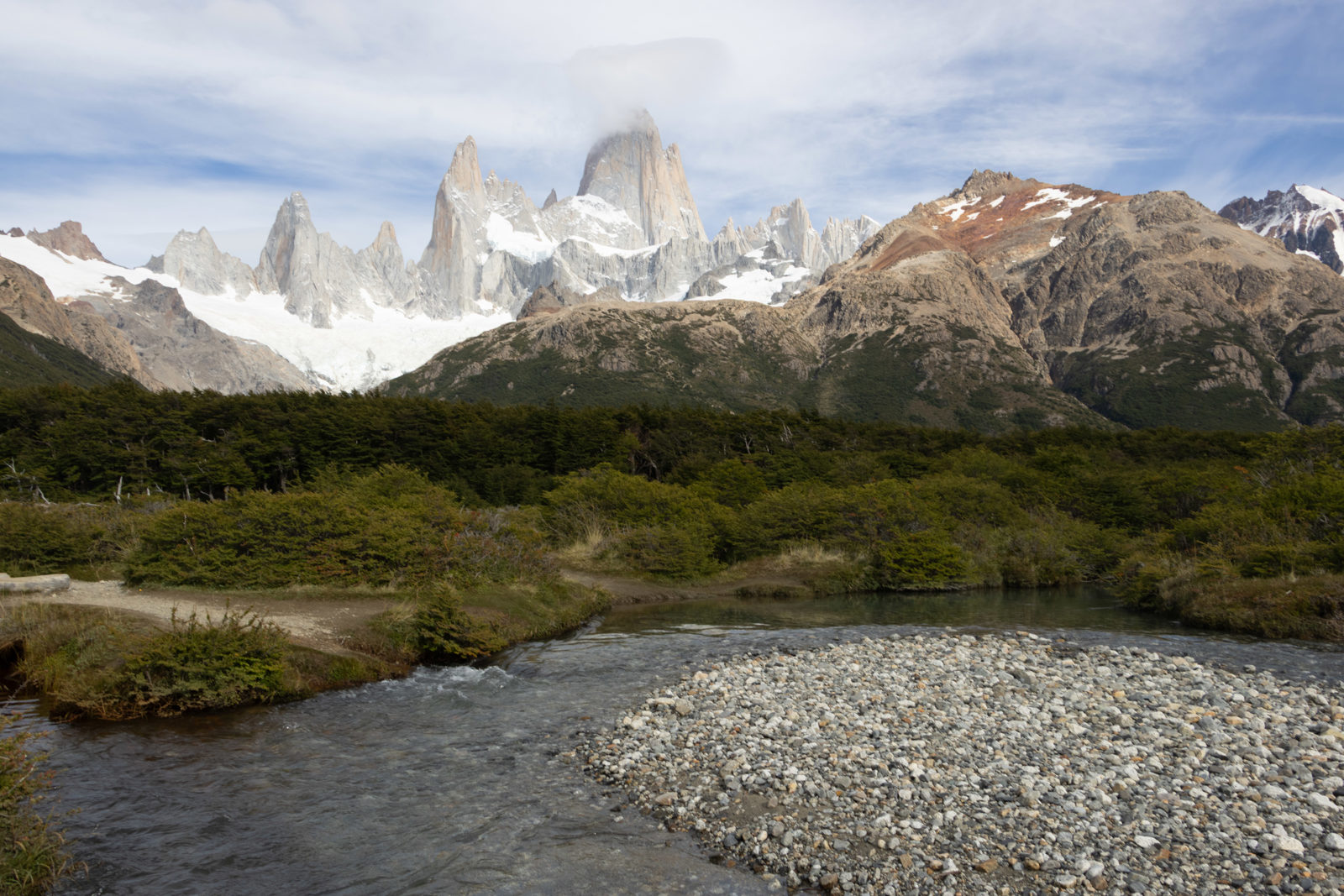 Stream, small pools and wetland vegetation below the Fitz Roy massif on the plateau section of the Laguna de los Tres hike.